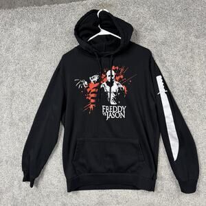 Freddy Vs Jason Hoodie Mens L Black Fleece Horror Graphic Knife Sleeve Pullover